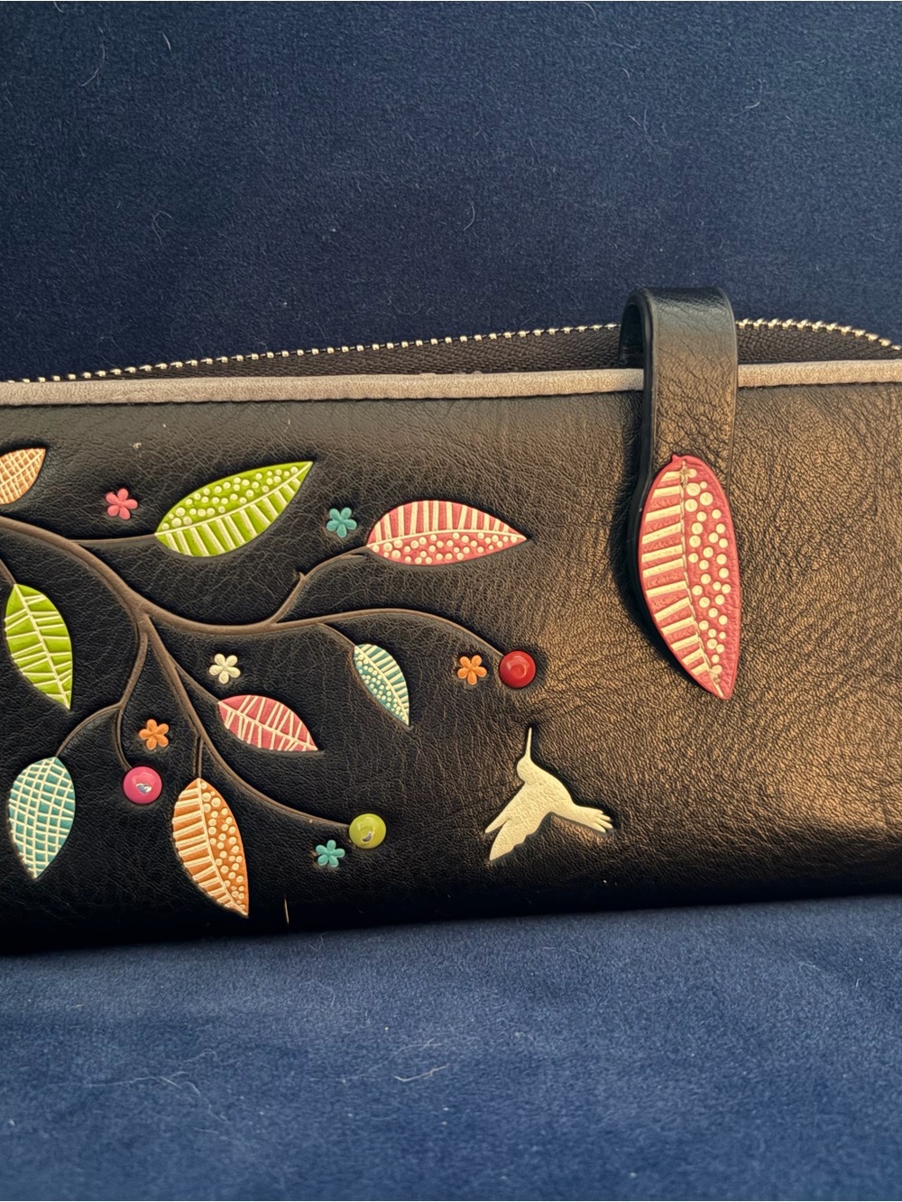 Black Leather Wallet with Colorful Leaf Appliqué espe leaf clasp closure